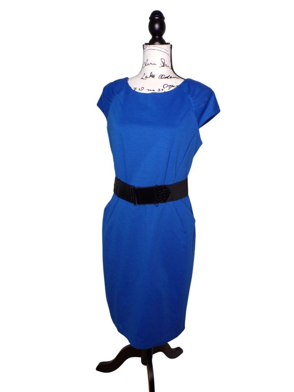 🆕MAX & CLEO Ponte Knit Belted Sheath Dress 10 Blue - Picture 2 of 9